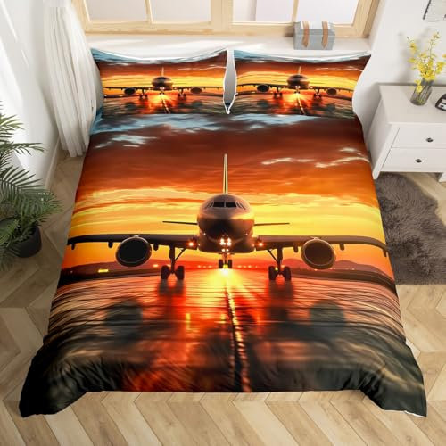 Homewish Aircraft Bedding Sets Super King Ming Airlines Aircraft Print Duvet Cover Airplane Print Comforter Cover Sky Decor Bedspread Cover for Boys Girls Kids Travel Decor Beddings