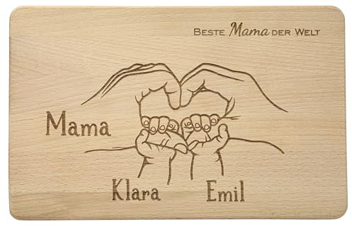 KATINGA Personalisiertes Frühstücksbrett Mama | Ideal für Muttertag | mit Gravur für bis zu 4 Kinder (Herz-Hände)
