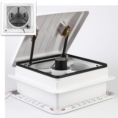 Pafessa USA RV Roof Vent with Fan 12-Volt 4-Speed Reversible - 14x14 - with LED Light Trim Shroud - Manual