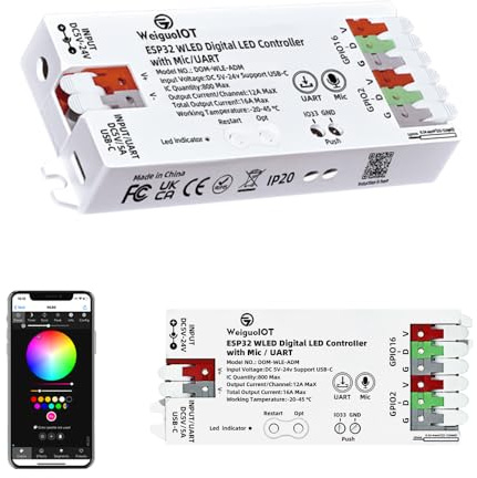 WeiguoIOT WLED Digitaler LED Streifen Controller mit Mikrofon, Musik-Synchronisation, USB-C, 5-24 V, 16A Sicherung, RGB RGBW RGBCCT App Steuerung Adressierbarer Streifen (ADM mit Mikrofon/UART)