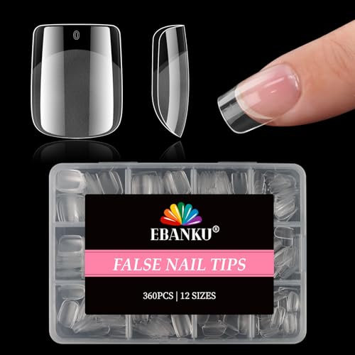 360PCS Extra Short Square Nail Tips, EBANKU Pre-shape Half Matte Clear Press on Nails Acrylic Full Cover False Nail Extension Clear Gelly Fake Nails for Women Girls Manicure Salon DIY, 12 Sizes