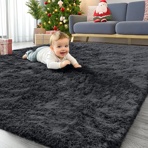 Homaxy Hochflor Waschbar Groß Teppich Wohnzimmer 200 x 280 cm, Schwarz | Anti-Rutsch Unterseite Teppiche, Flauschig Teppich fürs Kinderzimmer, Schlafzimmer