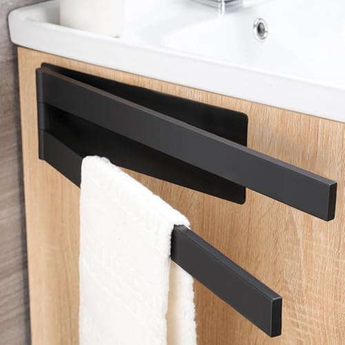 ZUNTO Portasciugamani da Parete, Doppio Adesivo Girevole 180°, Base Allargata 8cm Resistente Senza Fori, 2 Barre, Nero