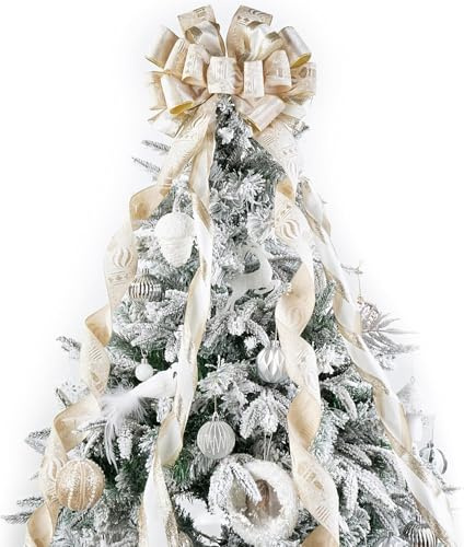 LATERN Champagne Oro Fiocco Puntale per Albero di Natale, 33CM x 135CM Grande Fiocco Natalizio in Velluto con Stelle Filanti e Palline per Natale Casa Albero Camino Ghirlanda Porta Decorazioni