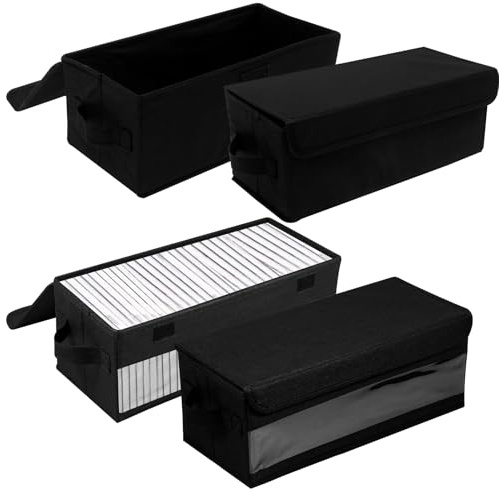 QINGLANG 4 Pack CD Storage Boxes 36x16x14cm Stackable CD Case Organizer with Lid Foldable Vinyl Record Storage Cases Comic Book Storages Container with Handle for Wardrobe, Closet, Shelf, Office