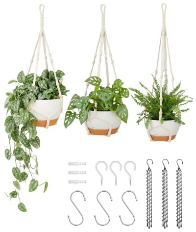 Bamworld Set di 3 Portavasi da Appendere in Macramé con Autorinnaio, Vasi Sospesi con Catene per Piante da Interno 28/23/20 cm, Bianco