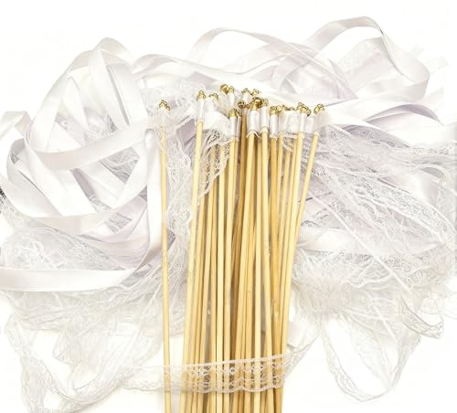 JEKRWNOY 30 Stück Wedding Wands Weiß,Wedding Wands Hochzeit mit Glocke,Zauberstäbe Hochzeit Luftschlangen,Zauberstäbe Seidenfeenstab für Hochzeiten,für Hochzeiten, Geburtstage, Weihnachten, Partys