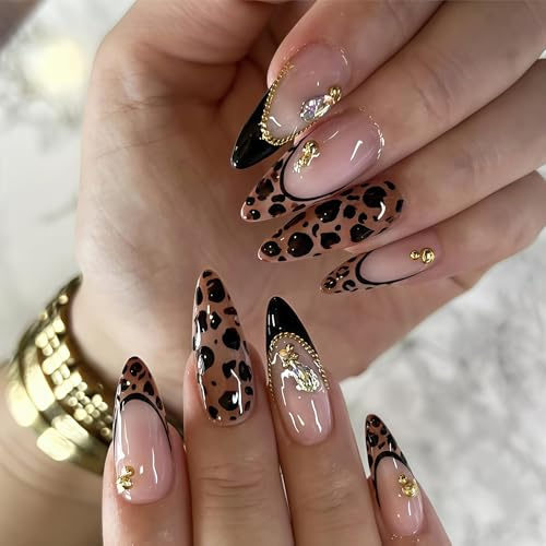 Zosutetoxo 24stück Leoparden Print Press On Nails: Mandelförmige French Tip Nägel zum Aufkleben mit Goldkette und Glitzerperlen, Glänzende Acrylikunstnägel Vollständige Abdeckung