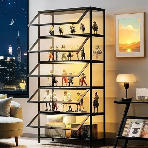 Scribora Standvitrine mit Acrylglas, 5 Böden Glas Vitrinenschrank, Dreiseitiger Transparenter Geschirrschrank, Bücherschrank mit Türen, für Wohnzimmer,Schlafzimmer,Büro (Schwarze Falttür)