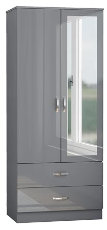 Nera Gloss Grey 2 Door Wardrobe with Drawers and Mirror 180cm for Bedrooms | Full Length Mirror and Two Drawers