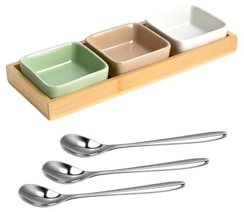 Set de Coupelles à Dip en Céramique avec Plateau en Bois - 3 Coupelles Couleurs Pastel Mat, Avec Petite Cuillère, Pour Sauces Tapas Sushi BBQ, Plateau Apéro et Assiettes Snack
