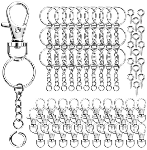 VINATO Kit Porte Clé Alliage de Zinc, Anneaux avec Chaîne & Mousquetons, Anneaux Porte Clé avec Chainette pour DIY Bricolage Loisirs Créatifs(Argenté)