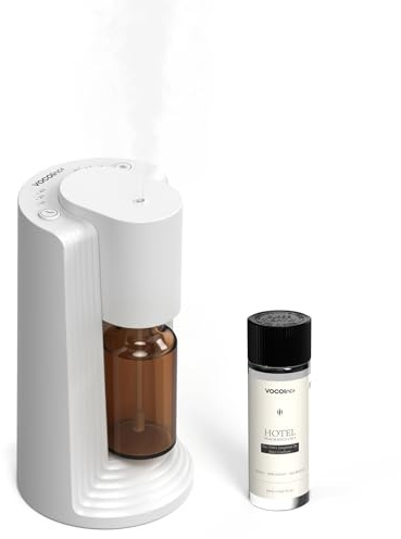 VOCOlinc Starter-Set für wasserlosen Diffusor mit 20 ml Hotel-Duftöl, batteriebetriebenem Zerstäuber, 4 Zeitschaltuhren und 3 Nebelstufen, Mini-Duftdiffusor für Zuhause, Zimmer, Auto und Büro (Weiß)