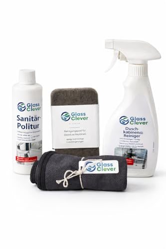Duschkabinenreiniger - Badreiniger - Set - Sanitär-Politur - Kalkentferner & hartnäckige Ablagerungen - Reinigungspad Spezial + Mikrofasertuch Für Dusche, Glas & Armaturen, Fuge uvm.