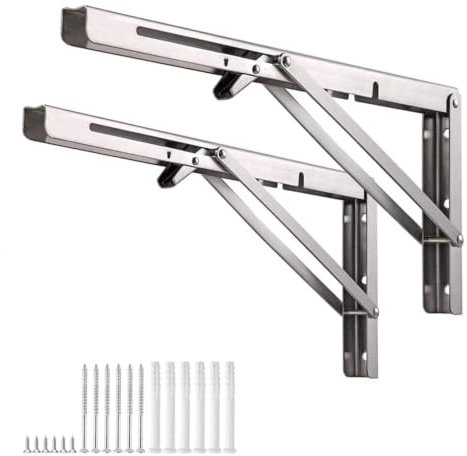 50cm Équerre Pliante Étagère en Acier Inoxydable Argent, 2 Pièces Support Tablette Rabattable Charge Lourde Max 100kg, Console Pliable pour Table Murale, Établi, Gain de Place