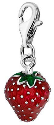 Quiges Charm Anhänger Rot und Grün Emaille 3D Erdbeere 925 Silber mit Karabinerverschluss für Bettelarmband