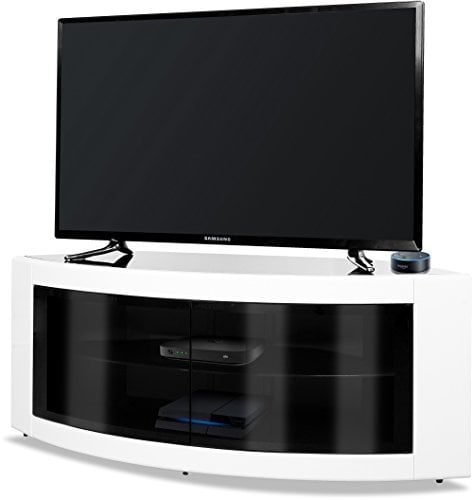 Homeology PANGEA Gloss Black and White Beam-Thru Glass Doors Curved Unit Tru-Corner 32-50 TV Cabinet