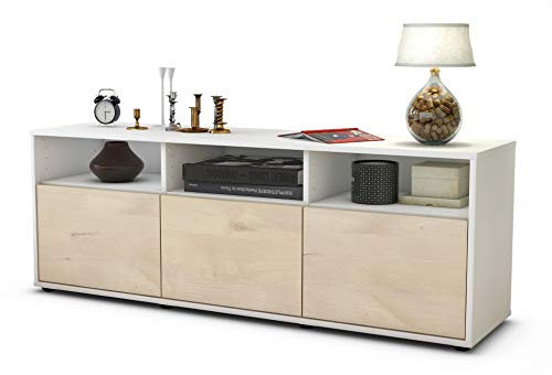 Stil.Zeit TV Schrank Lowboard Andrina, Korpus Weiss matt, Front Holz Design Zeder (135x49x35cm), Push to Open Technik
