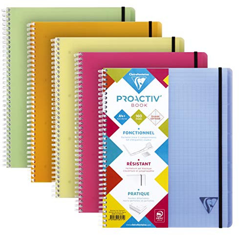 Clairefontaine 328171C Proactiv'Book Cahier-Trieur à Spirale Perforé - A4+ 22,5x29,7 cm - 160 Pages Détachables Grands Carreaux Cadrées - Papier Blanc 90 g - Couverture Polypro - Couleur Aléatoire