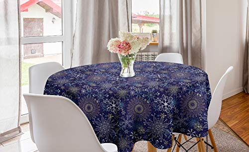 ABAKUHAUS Dunkelblau Runde Tischdecke, Schneeflocken Weihnachten Kunst, Kreis Tischdecke Abdeckung für Esszimmer Küche Dekoration, 150 cm, Blau Gelb