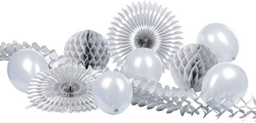 HEKU 30008-23: Party-Deko-Set mit Wabenbällen, Dekofächern, Einer Girlande aus Papier und Luftballons, 10-teilig, Silber