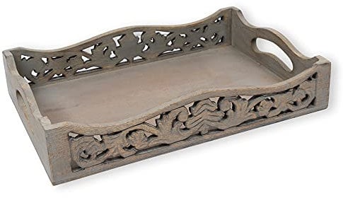 GoCraft Handmade Wooden Tray with Handles – Grey Washed Wood Serving Tray for Breakfast in Bed, Coffee, Tea, Snacks – Lattice Design Ottoman Tray with Cutout Handles, 15 x 10 x 3, Rustic & Stylish