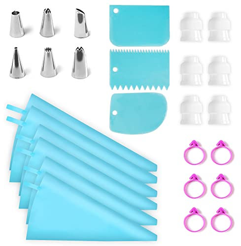 Riccle Reusable Silicone Piping Set - 27 Pcs Cake Decorating Kit With 6 Pastry Bags, Couplers, Frosting Tips, Bag Ties & Cake Scrapers