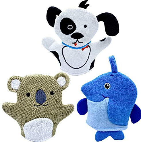 Baby-Waschhandschuh mit kleinem Schwamm – niedliche Tier-Designs Kinder-Waschlappen, Handschuh, Kinder-Badehandschuh für die Reinigung der Haut (Pinguin, Koala, Hund), 3 Stück