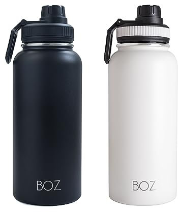 BOZ - Lot de 2 Gourdes Isothermes En Acier Inoxydable 1L, Sans BPA, Double Isolation Sous Vide | Gourdes de Camping et Randonnée Avec Couvercle Anti Germe, Bouteilles d'Eau 1 Litre, (Blanc + Noir)