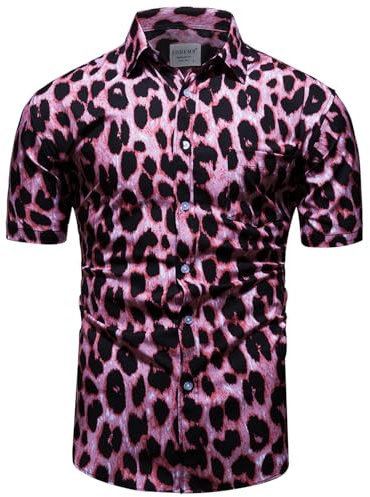 fohemr Hommes Léopard Chemise à Manches Courtes Button Down Motif Animal Tigre Chemise d'été Rose 4X-Large