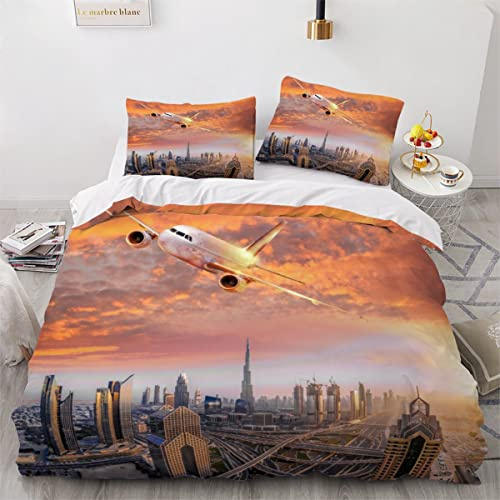 ZLKEJI Bettwäsche 155x220cm Dubai-Landschaft Bettbezug SetFlugzeug Am Himmel Bettwäsche Set 3D Mikrofaser Reißverschluss Bettbezug und Kissenbezug 80x80cm Flauschige Weich