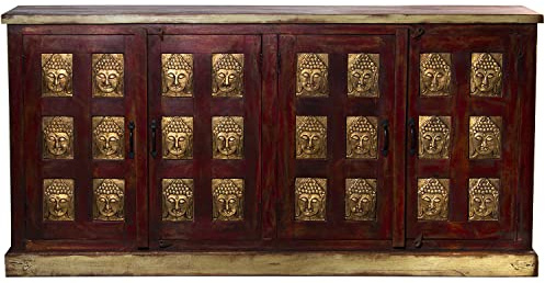DRW Anrichte mit 4 Holztüren mit goldenen Buddhas in Rot und Natur 180 x 40 x 90 cm, bunt, Grande