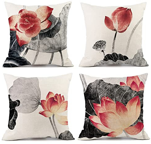 OCEUMACO Leinen Kissenbezug 50x50 Japanisch Lotus Blumen Kissenhülle 4er Set Quadratisch Sofakissen Dekokissen Bezug für Couch Sofa Kissen Kissenbezüge Outdoor Deko Zierkissen Couchkissen - Rot