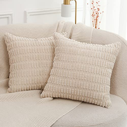 Mandioo 2er Set Beige Plüsch Boho Dekorative Wurf Kissenbezüge 40x40 cm, Super Weich gestreifte Cord Dekokissen Kissenbezug Sofakissen Dekorativ Couchkissen Kissenhülle für Sofa Couch Wohnzimmer
