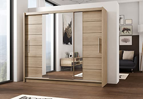 Lizbona Schiebeschrank 250 cm mit Spiegel, Kleiderschrank Schlafzimmer, Wohnzimmer- 250 x 215 x 61 Farbe: Sonoma, Schwebetürenschrank mit 1 Kleiderstange, Ablagen und 2 Schubladen; Mehrzweckschrank