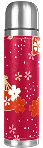 Insulated Water Bottle Stainless Steel Water Bottles Metal Water Bottle, Red Japanese Style Blossoms Fan