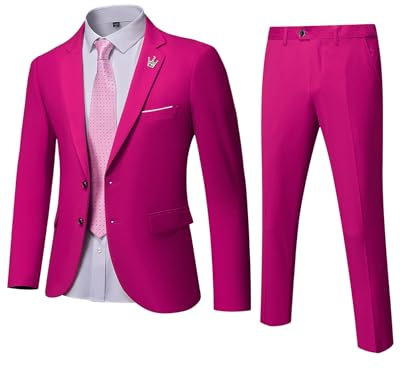 MrSure Herren 3-teiliger Anzugblazer, Slim Fit Smoking mit 2 Knöpfen, Jacke, Weste, Hose & Krawatte Set für Party, Hochzeit und Business, Fuchsia, XL