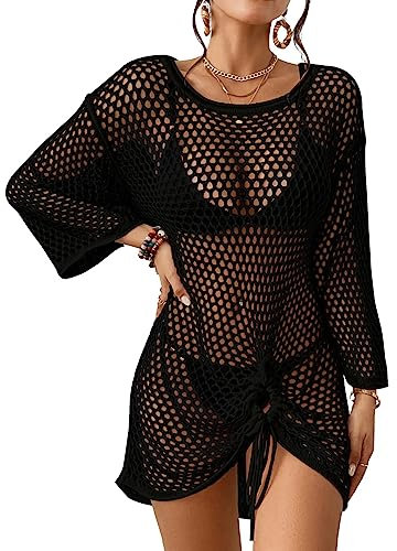 Bsubseach Crochet Knit Coverups for Women Hollow Out Bathing Suit Dress See Through Mesh Beach Swimwear Black