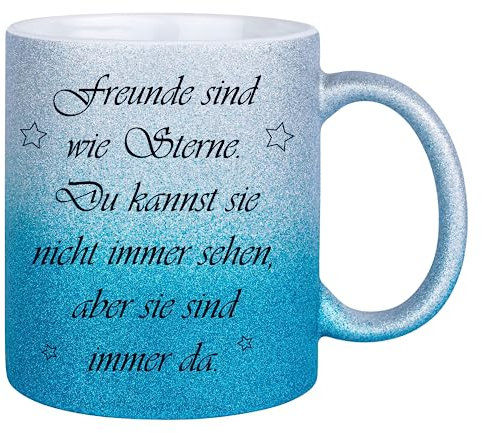 Druckerino Tasse mit Spruch - Glitzertasse - Freunde sind wie Sterne - Tasse mit Glitzer - tolle Geschenkidee - Geschenk für Freunde (Blue)