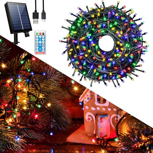 Hopelit Solar Lichterkette Aussen 30M 300 LED Bunt mit Fernbedienung und Timer, 8 Modi, Lichterkette Außen Solar für Gartendeko, Terrassen, Halloween, Weihnachtsbaum, Party, Etc