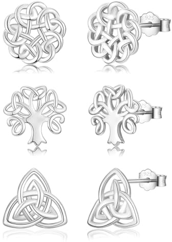 LYTOPTOP 3 Pairs Silver Celtic Knot Stud Earrings, Hypoallergenic 925 Sterling Silver Post White Gold Plated Celtic Trinity Knot Tree Stud Earrings Set for Women Girls, 10mm