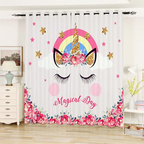 Gardinen Mädchen Einhorn Gold Curtain Weich Vorhang Blickdicht mit ösen Living Room Scheibengardinen Schlafzimmer Blackout Vorhang Verdunklungsvorhänge Schallschutz Vorhänge 2x140x240cm