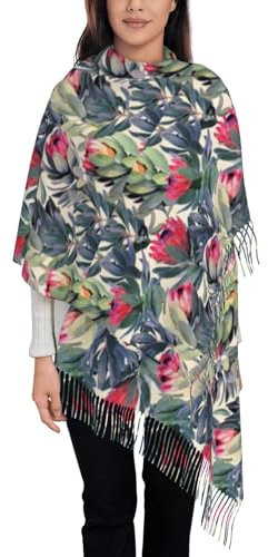 VhoMes Schal mit gemaltem Protea-Muster auf weißem Hintergrund, Quastenschal, warmer Fransenschal, luxuriöser Damen-Wickel, für alle Jahreszeiten, 72 x 197 cm