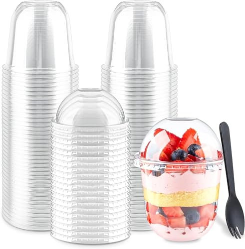 LATERN 50 Pièces Gobelets à Dessert en Plastique avec Dôme Couvercles, 360ml Coupes à Dessert Rondes Coupe Apéritif Parfait Clair Bol de Service Réutilisable avec Couvercles pour Pudding Mousse Party