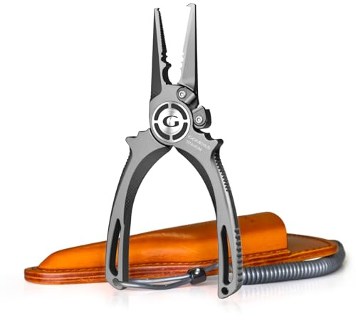 GOMEXUS Titanium Fishing Pliers 7'' with Side Cutters, Lanyard & Leather Sheath, Never Rust Hook Remover, Saltwater Resistant, Inshore & Nearshore Fishing