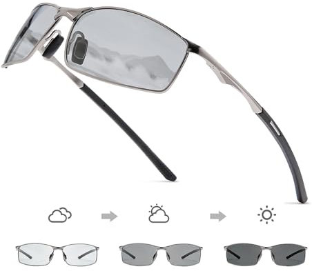 OuShiun Herren Sportbrille Polarisierte Sonnenbrille für Outdoor Metallrahmen UV Schutz Fahren Angeln Radfahren Laufen Fahrer Brille(Metall Grau Gestell Photochrom Linse)