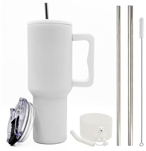 FloweryOcean 1200ml 40oz Kaffeebecher to Go,Doppelwandiger Edelstahl Vakuum Isolierbecher mit Griff und Stroh,Autobecher Thermobecher,Kaffeetasse für Heißer, Kalter Getränke,05-Weiß