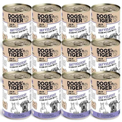 Dogs'n Tiger Monoprotein, Sattelfest, Adult Premium Hundenassfutter mit Pferdefleisch & Kartoffeln, hypoallergen, ohne Getreide, Zuckerzusatz, Mit optimale Verträglichkeit, 12x 400g