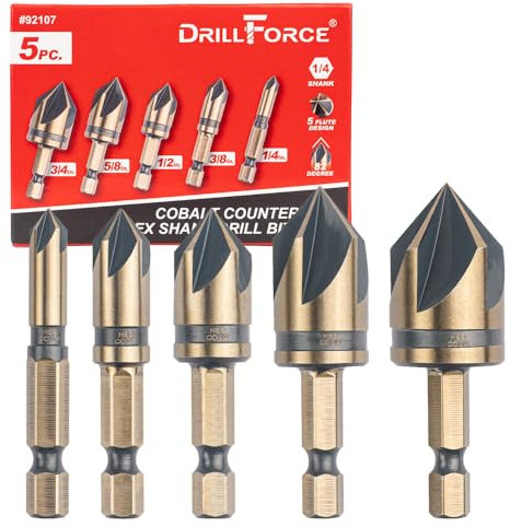VALYRIANTOOL Cobalt Countersink Drill Bits Set(5PCS), M35 HSSCO 82 Degree 5 Flutes,1/4 Inch Quick Change Hex Shank for Stainless Steel, Metal, Wood, Carbon Steel 1/4'' 3/8'' 1/2'' 5/8'' 3/4''
