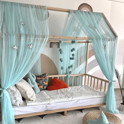Baby Fancyroom Hausbett Himmel mintgrün Betthimmel Deko Set Kinderzimmer Kinderbett Baldachin Pompongirlande aus Premium Tüll für Hausbetten (380cm)